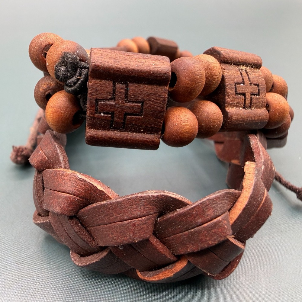 Set of 2 Brown Wooden Bead Braided Cord Cross Bracelets Boho Christian Gift Men - Picture 7 of 17